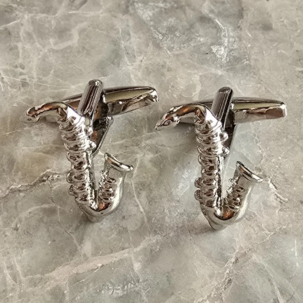 Vintage saxophone cufflinks sax music saxophonist silver tone 1990